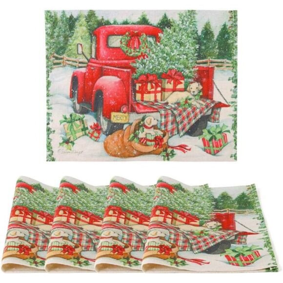 Christmas Placemats Set of 6, Cotton Burlap Red Truck Table Mats, 12x16 inch - Picture 1 of 7